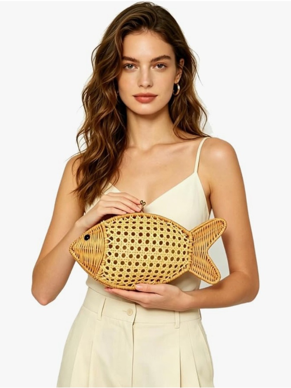 Anthropologie Woven Rattan Fish Clutch Raffia Statement Bag Beach Resort Boho